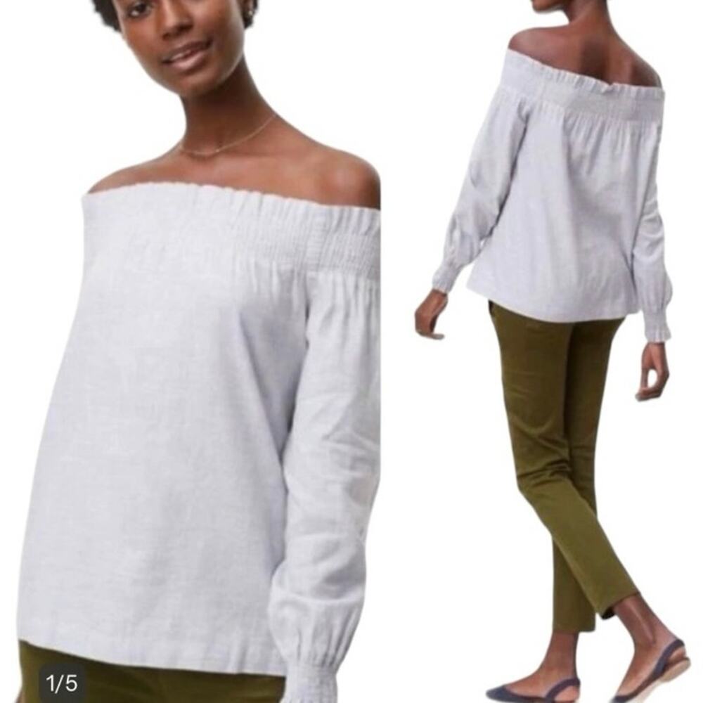 LOFT Off The Shoulder Long Sleeve Cotton Blouse Heather Gray Size XS Petite